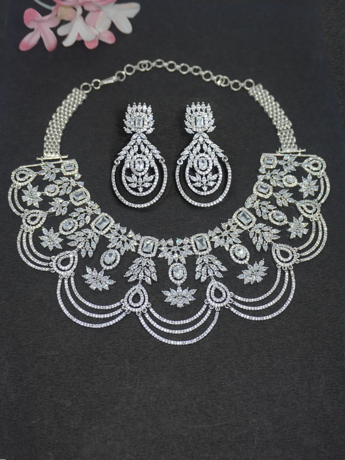 Water Drop White American Diamond Necklace Set with Earrings