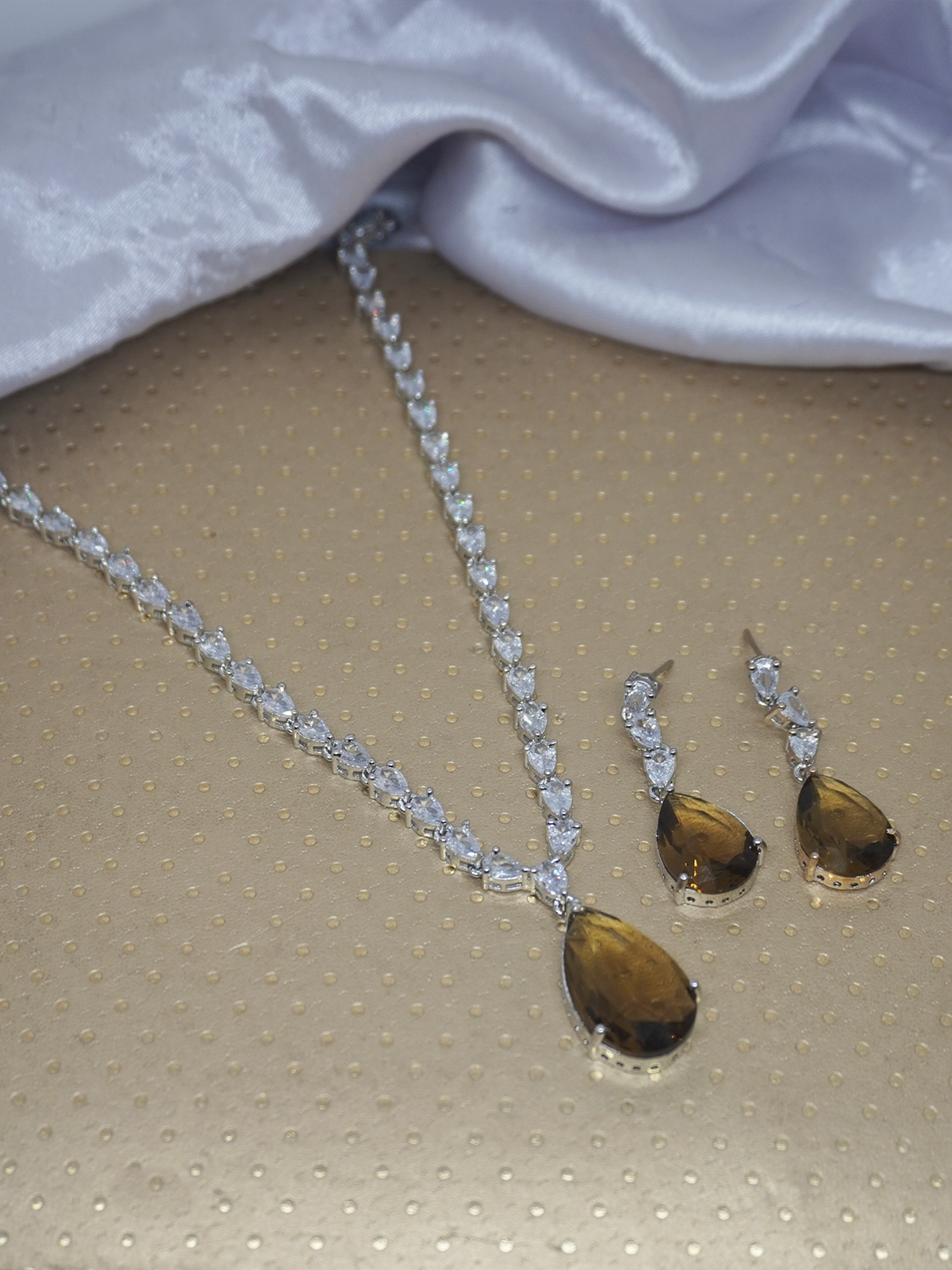 Water Drop Brown and White American Diamond Necklace and Earrings Set