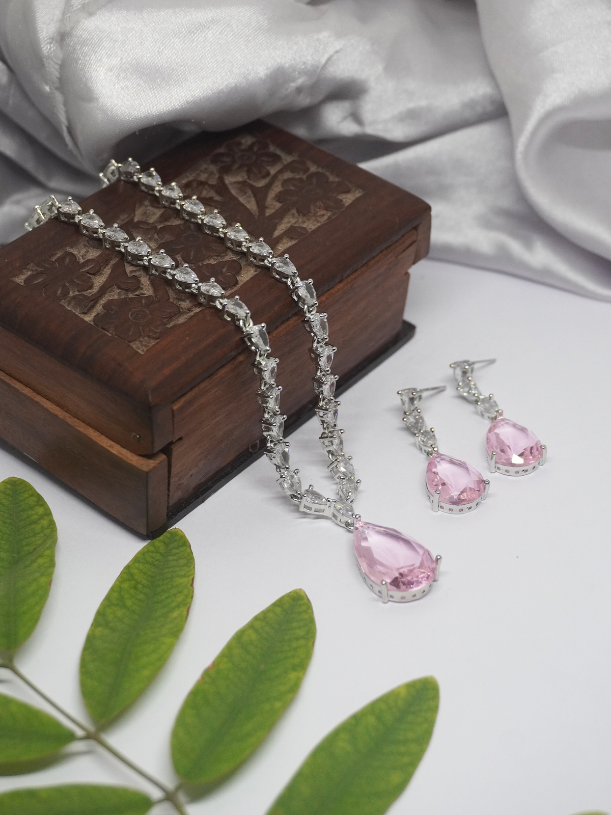 Water Drop Pink and White American Diamond Necklace and Earrings Set