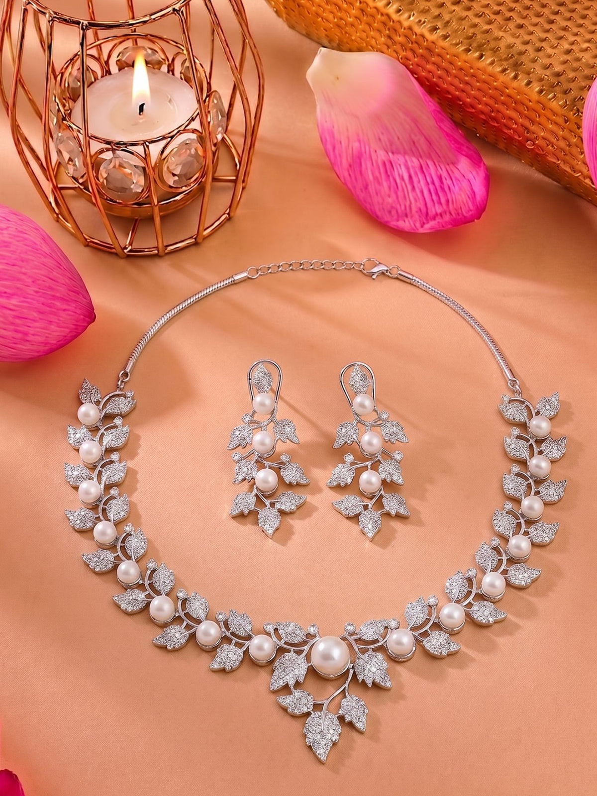 Rhodium Plated White American Diamond and Faux Pearl Floral Vine Necklace Set