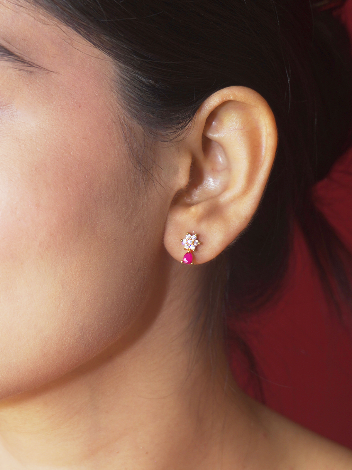 Gold Plated Red and White CZ Floral Earrings