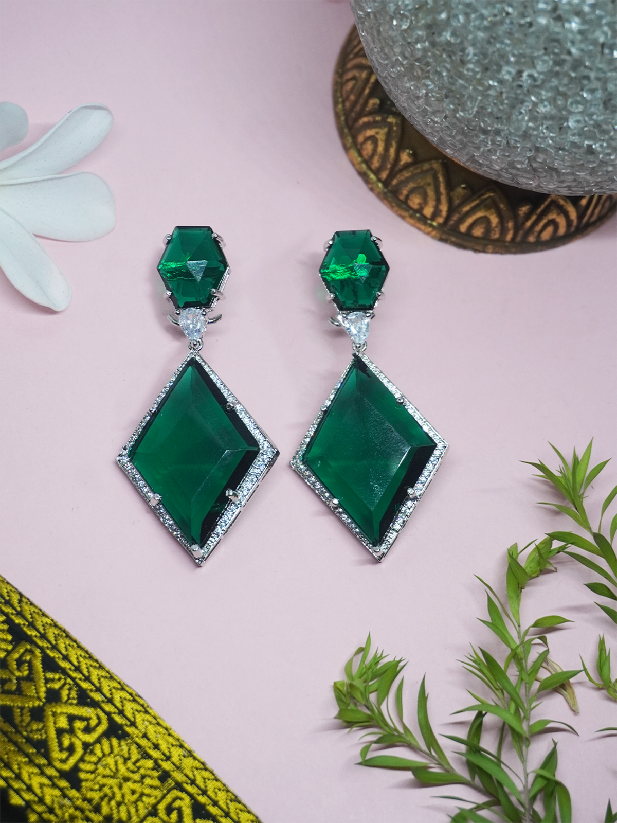Rhodium Plated Green and White American Diamond Earrings
