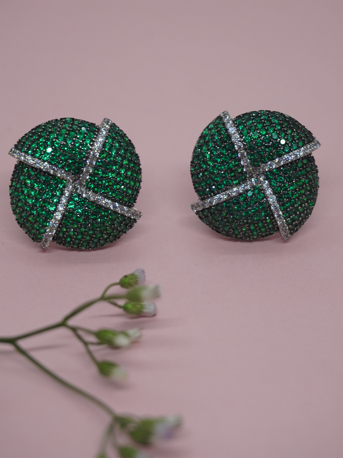 Rhodium Plated Circular Green American Diamond Earrings