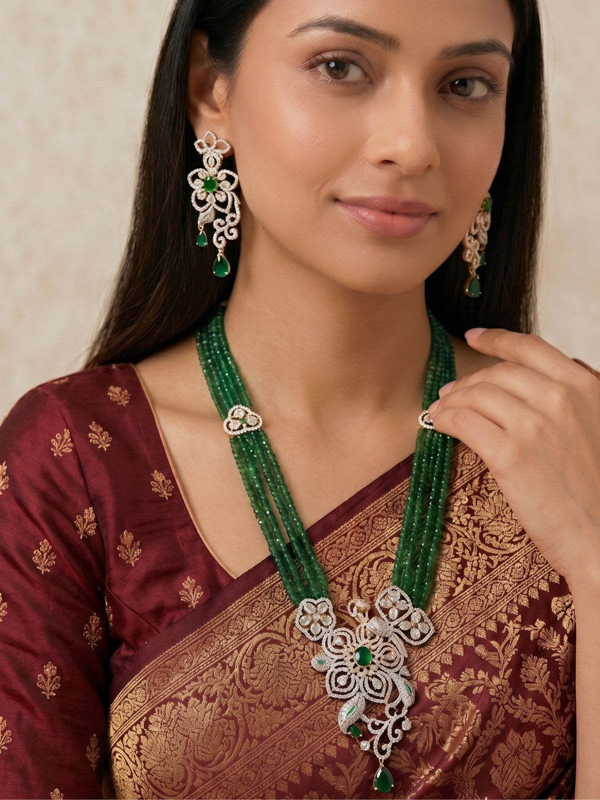 Elegant Gold Plated Floral Green Necklace and Earrings Set
