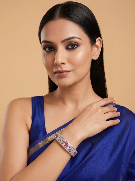 Rhodium Plated Pink and White American Diamond Kada
