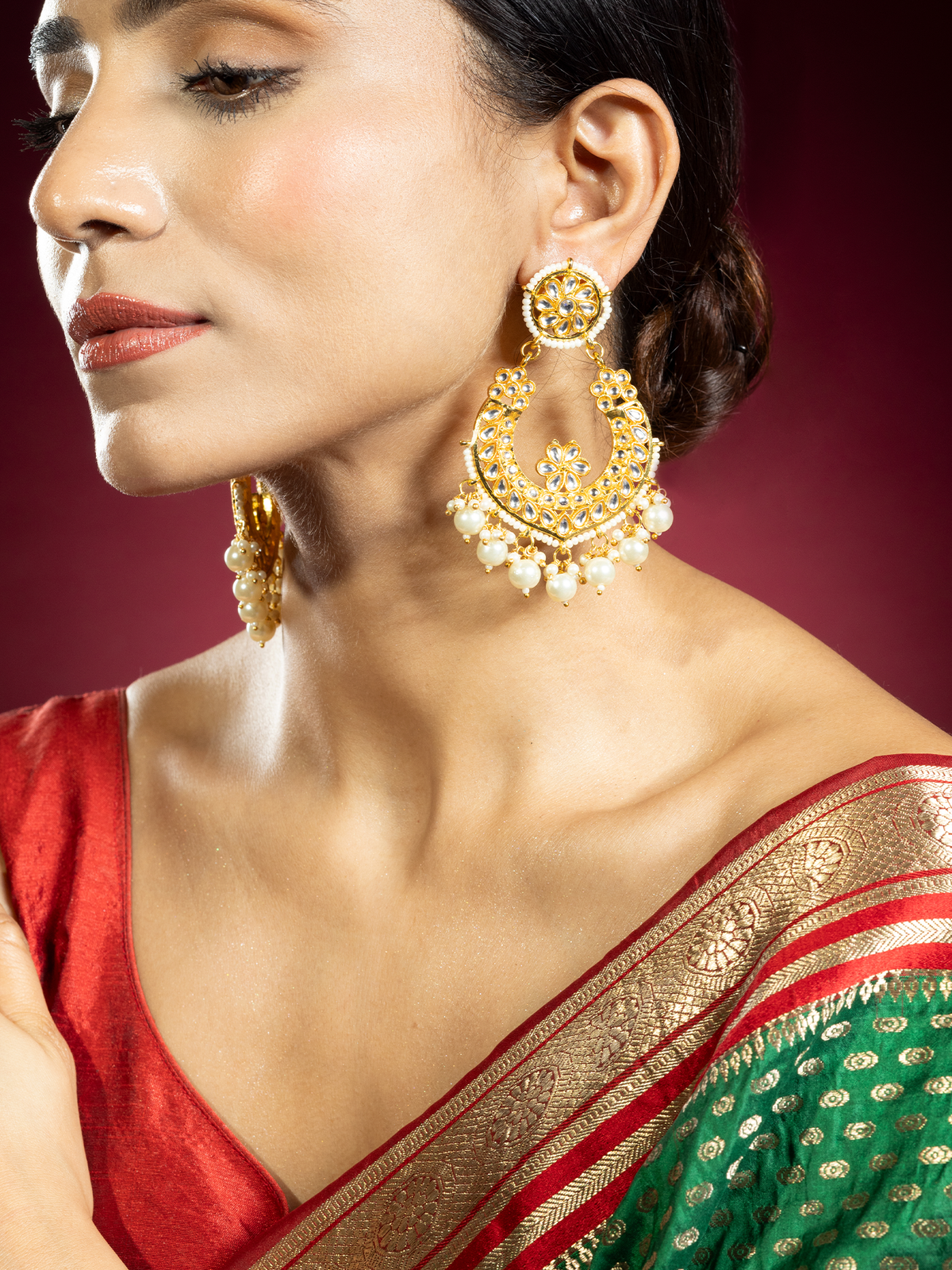 Big Gold Plated Pearl and Kundan ChandBali Earrings