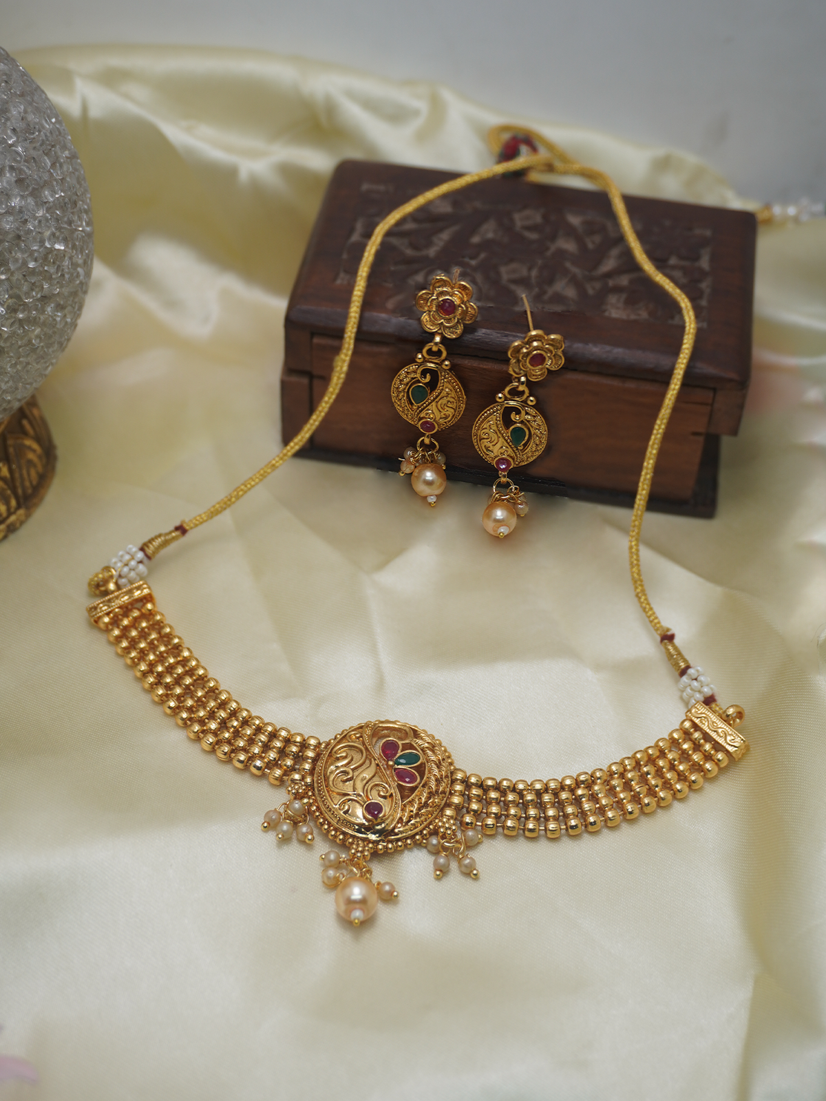 Ethnic Gold-Plated Ruby and Emerald Choker Necklace and Earrings Set