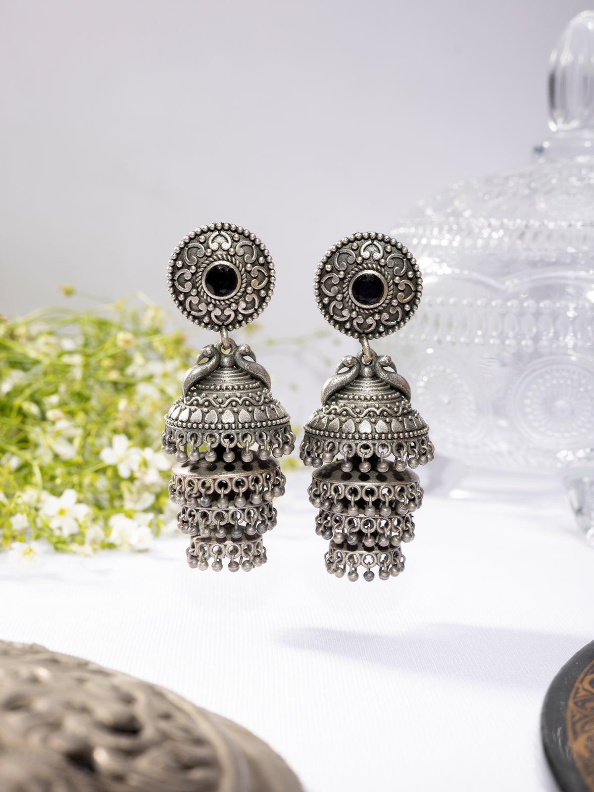 Black Stone Oxidised Jhumka Earrings