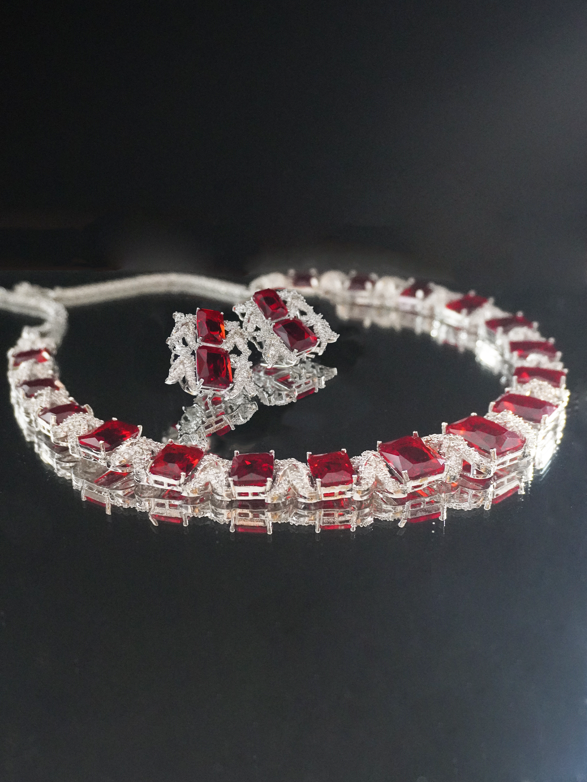 Elegant Red and White American Diamond Necklace and Earrings Set