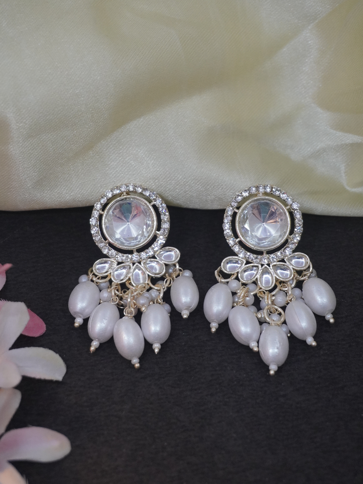 Silver-Plated Kundan and White CZ Earrings