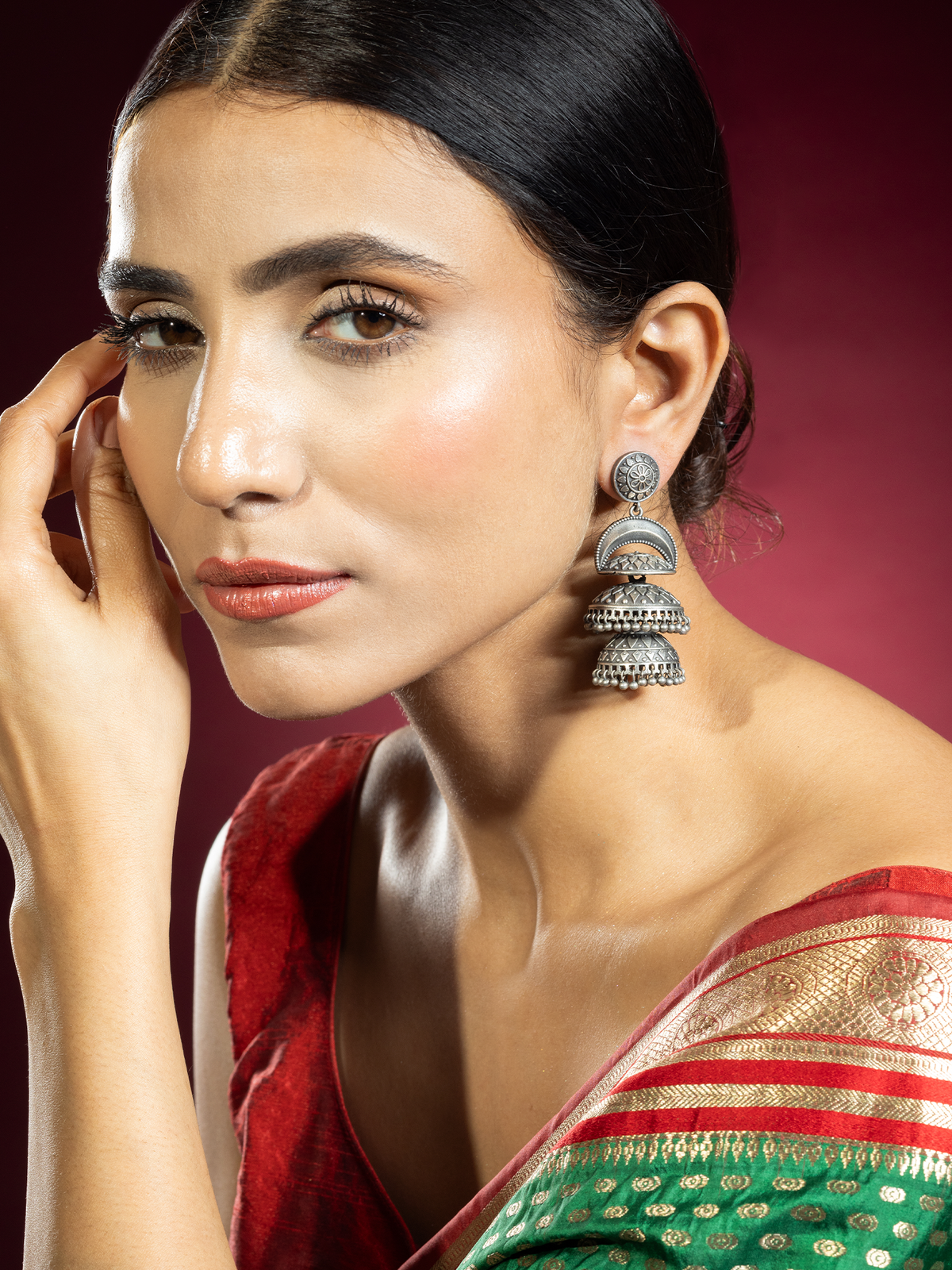 Oxidized Triple Layer Jhumka Earrings