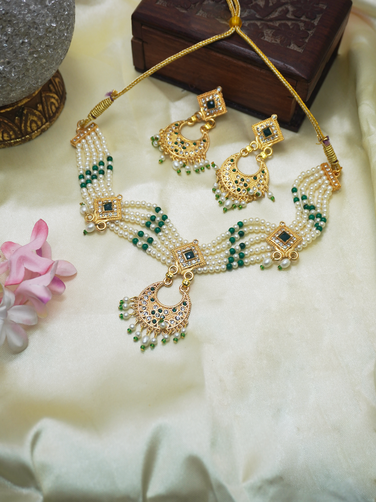 Enchanting Crescent Green and White Pearl Necklace and Earrings Set