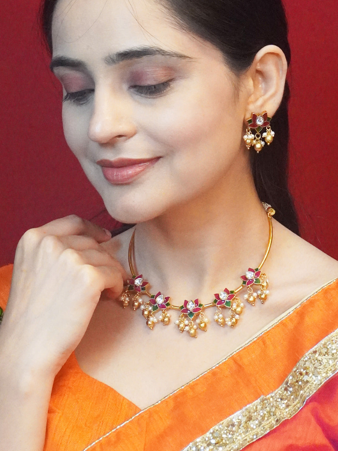 Ethnic Gold Plated Lotus Design Kundan Necklace and Earrings