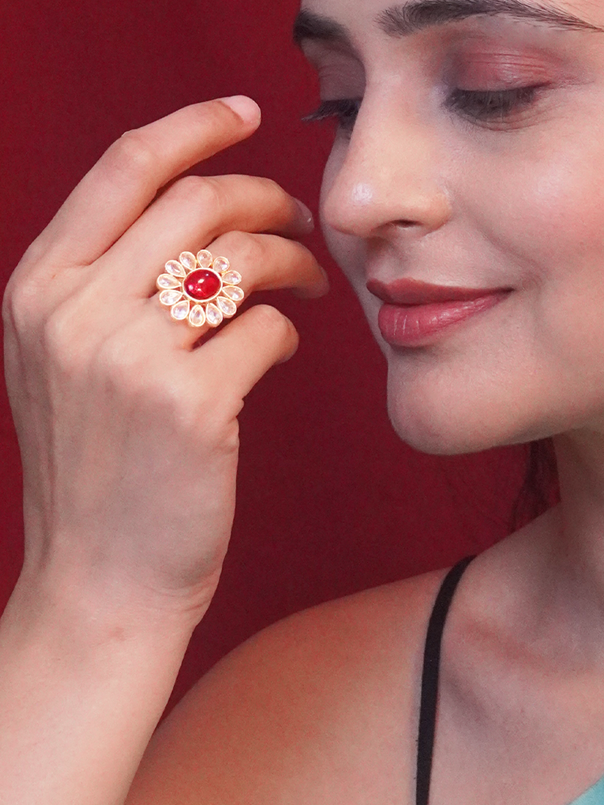 Gold-Plated Oval Ring with Ruby Stone and Kundans