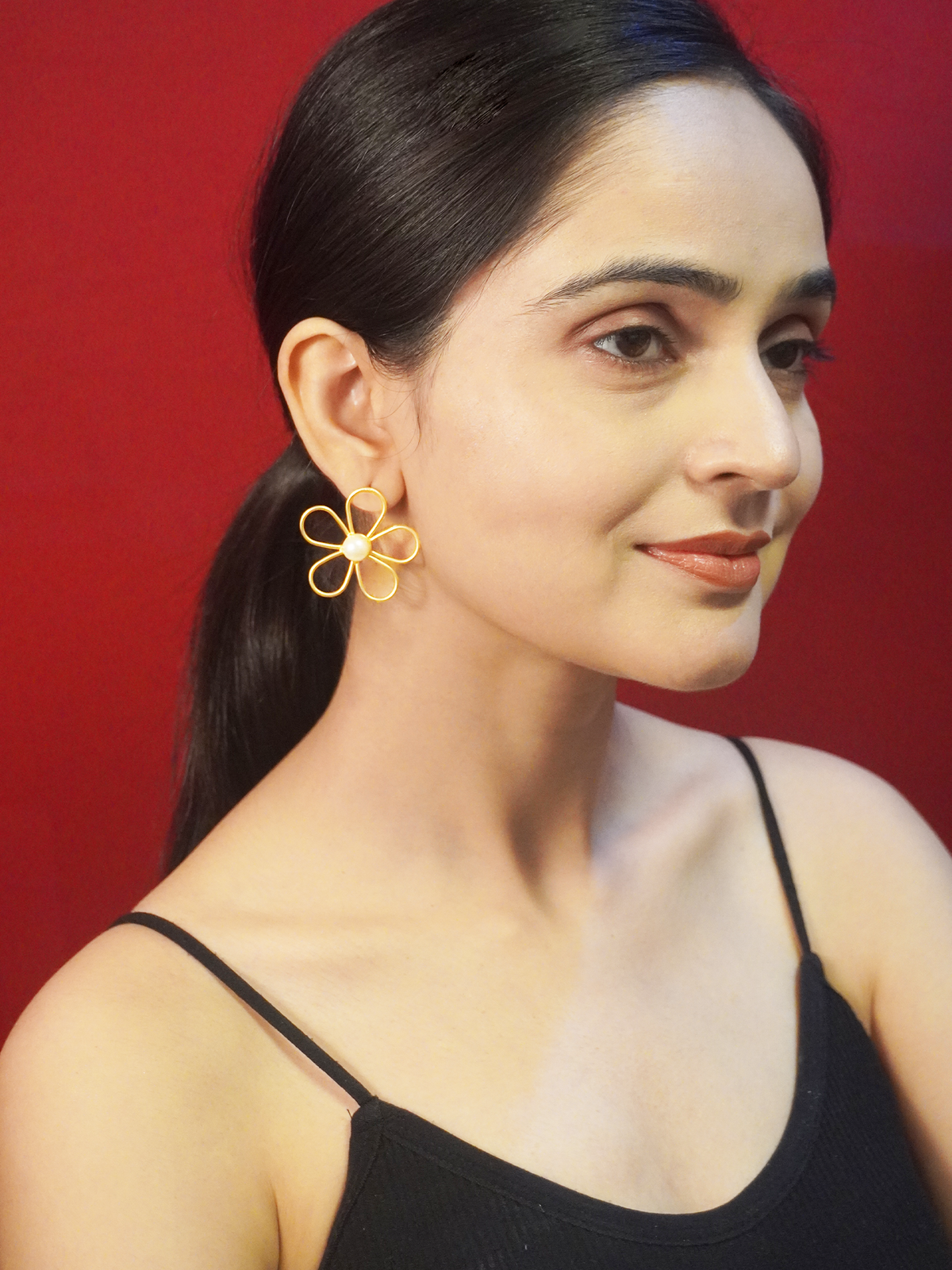 Gold-Plated Matte Floral Earrings with Faux Pearl