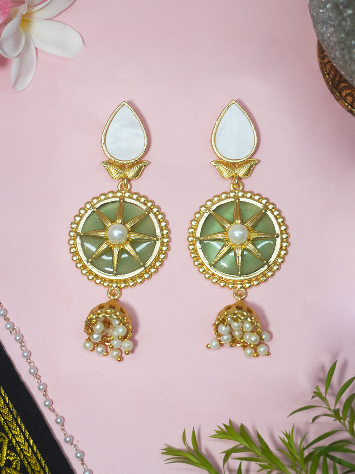 Gold Plated Matte Round Earrings with Green Stone and Jhumki