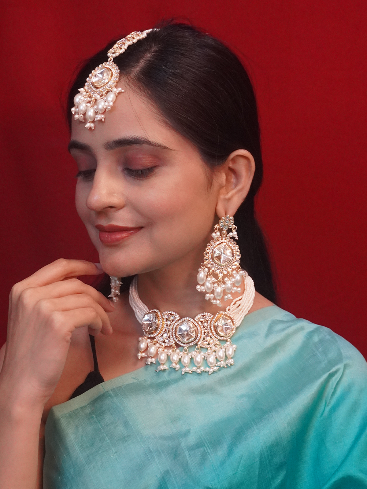 Gold-Plated Ethnic Necklace with Earrings and Maang-Tikka Set with Polki, Kundan CZ Stones and White Pearls