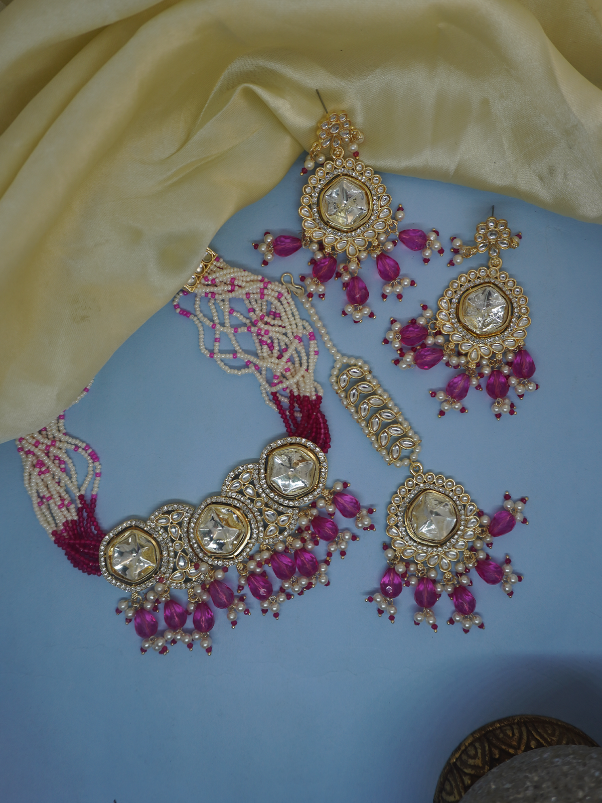 Gold-Plated Ethnic Necklace with Earrings and Maang-Tikka Set with Polki, Kundan CZ Stones and Pink Pearls