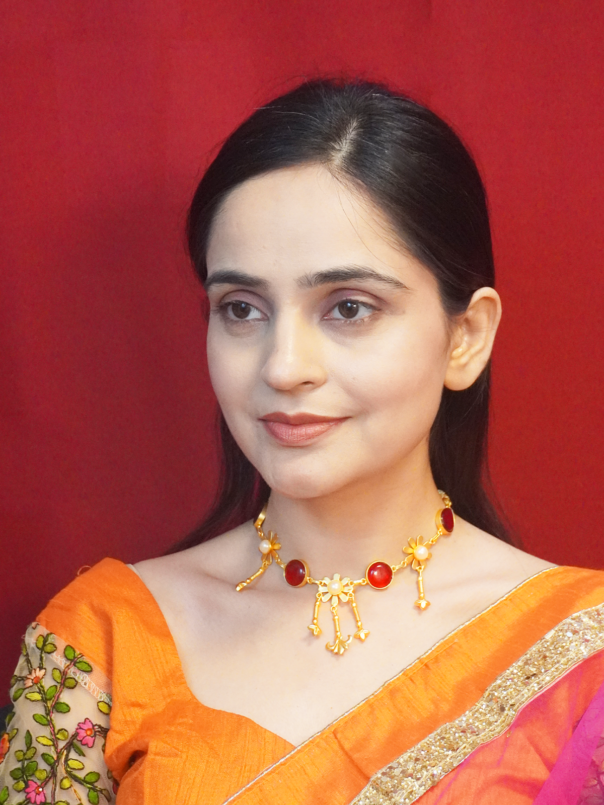 24K Gold-Plated Matte Floral Necklace with Ruby