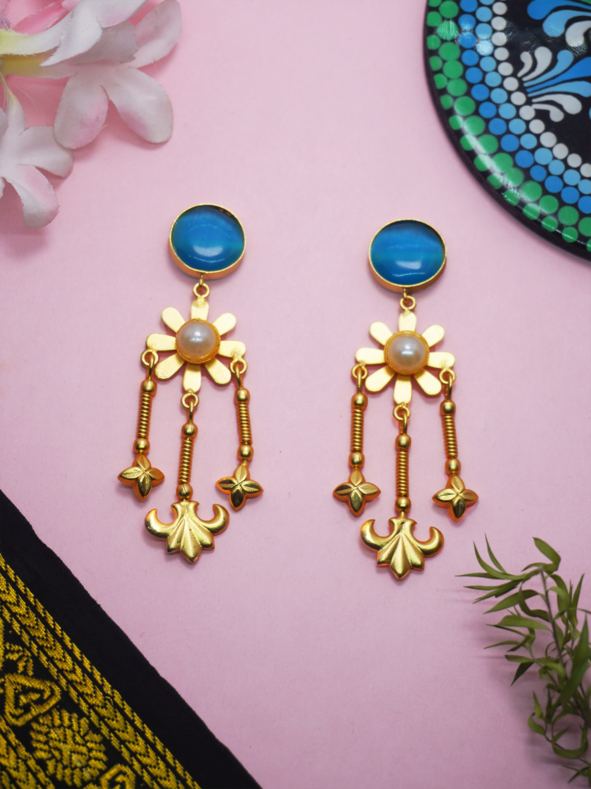 Gold Plated Matte Dangler Earrings with Blue Stone