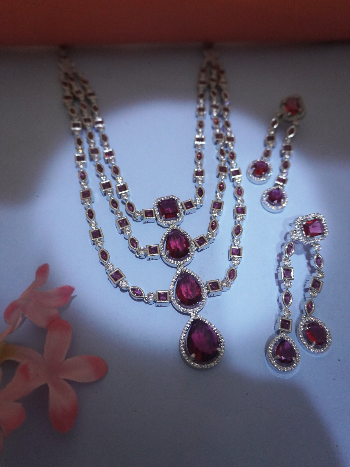 Triple Layered Red and White American Diamond Necklace and Earrings Set