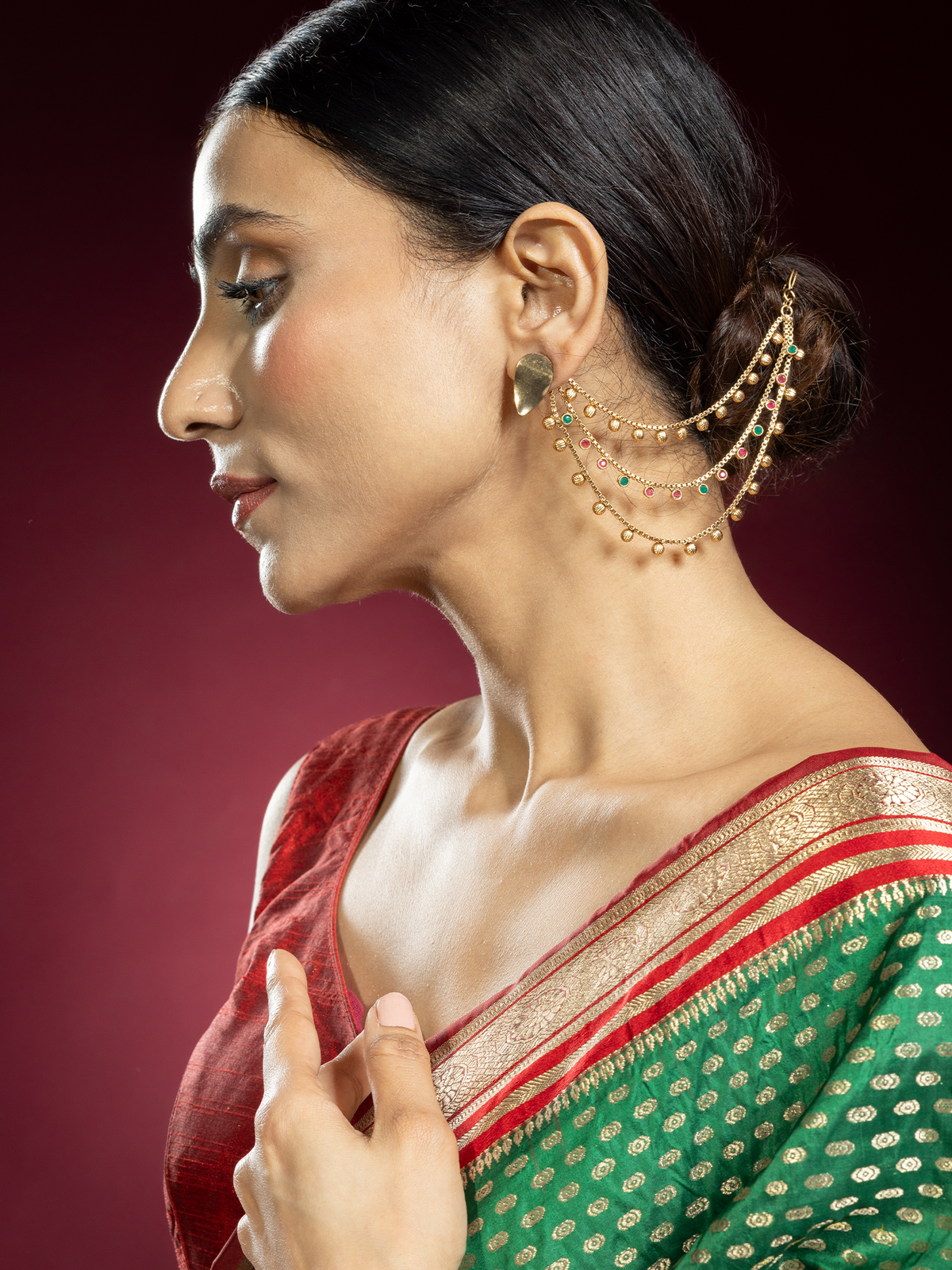 24K Gold-Plated Ruby and Emerald Multi Layer Ear Chain