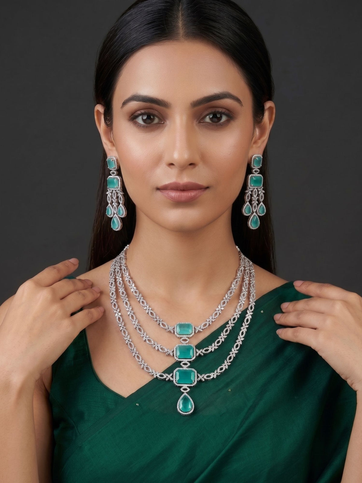 Galaxy Triple Layered Mint Green American Diamond Necklace Set