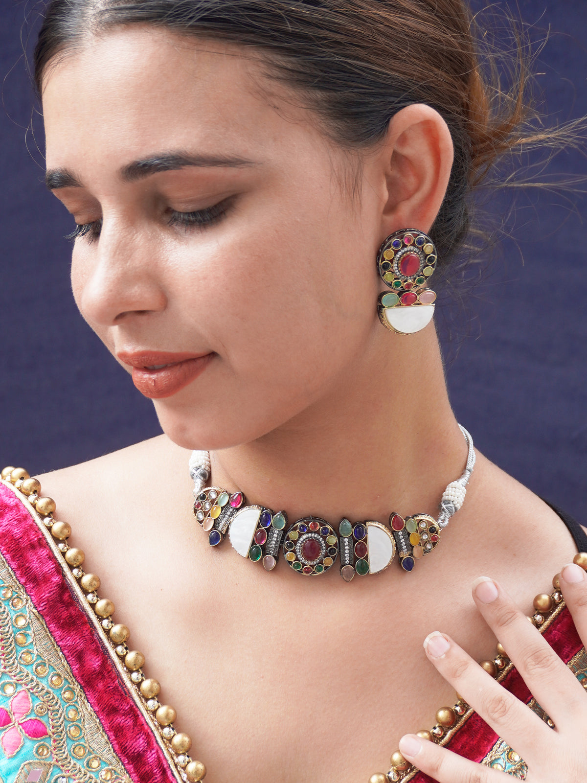 Classy Black Polish Multi-Color Kundan Choker Set