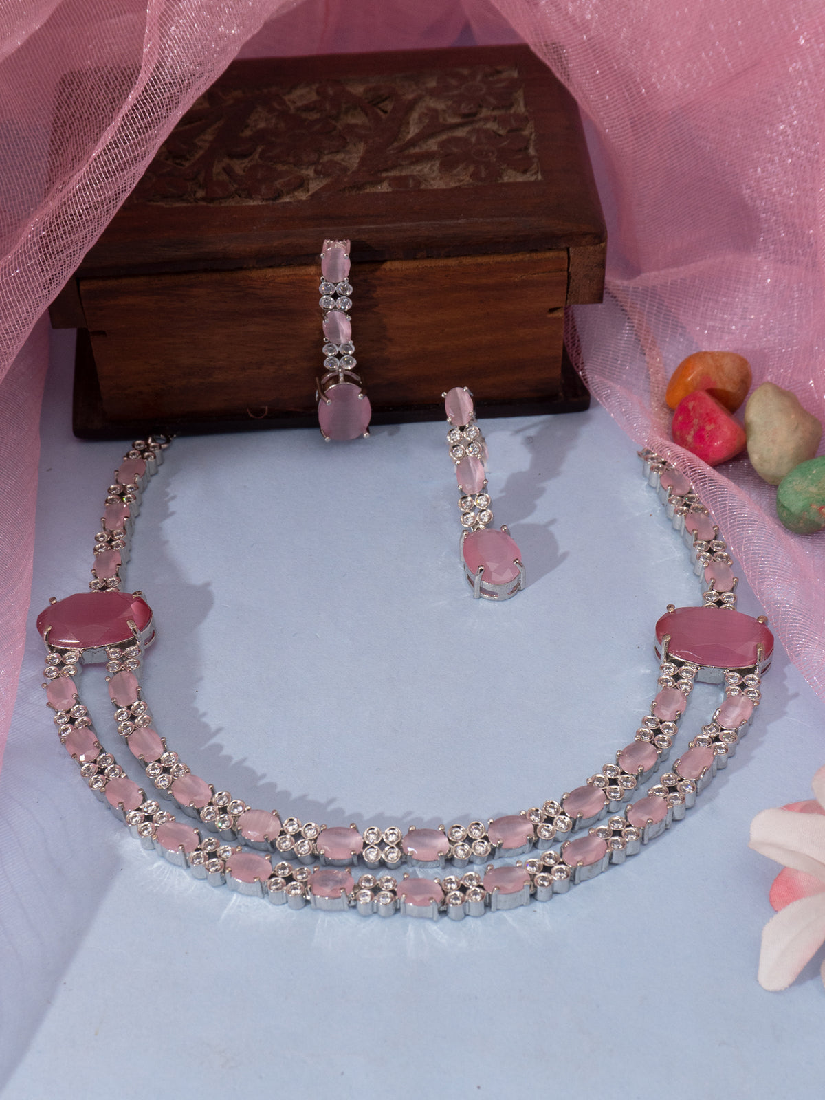 Blush Pink Silver Rhodium Double-Layer CZ Jewelry Set