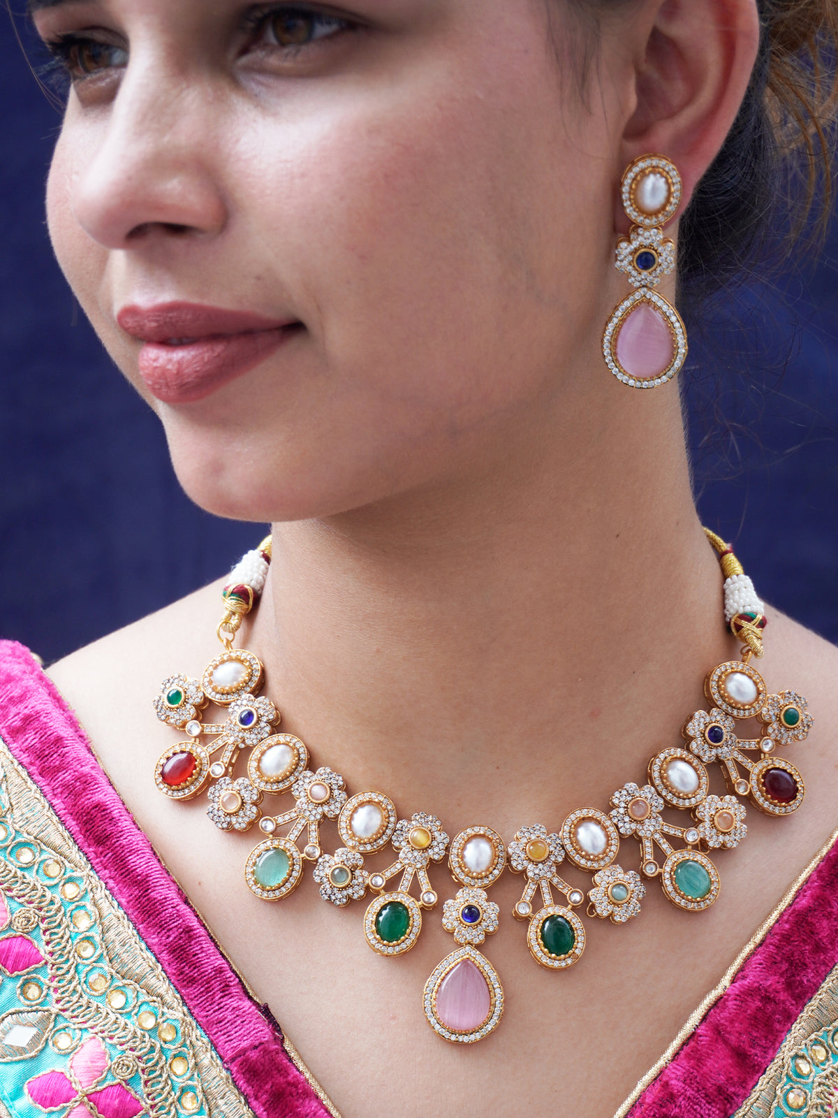 18k Gold Plated Multicolor Pearl & Zircon Floral Necklace Set