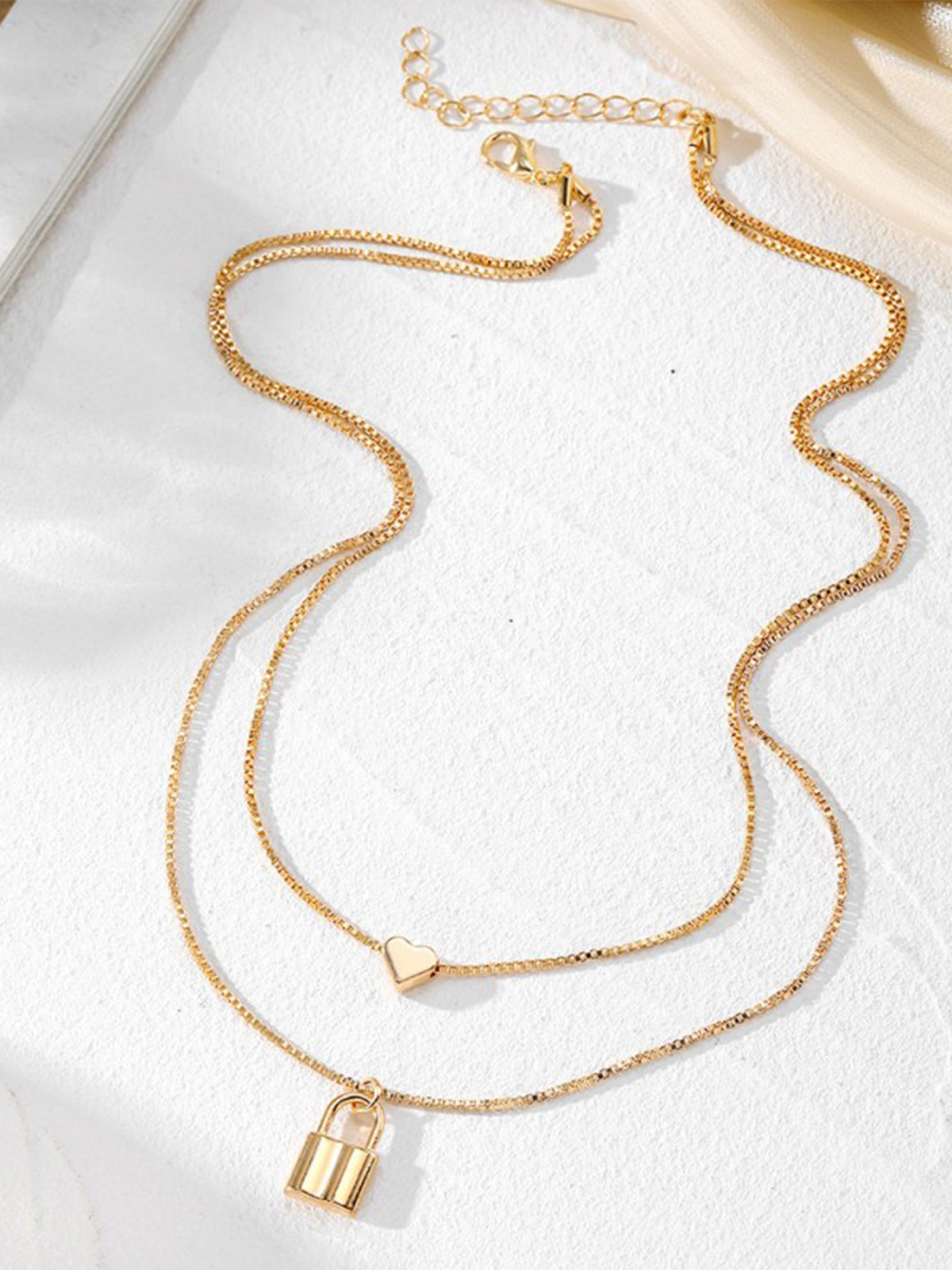 18k Gold-Plated Heart and Lock Double Layer Chain Pendant