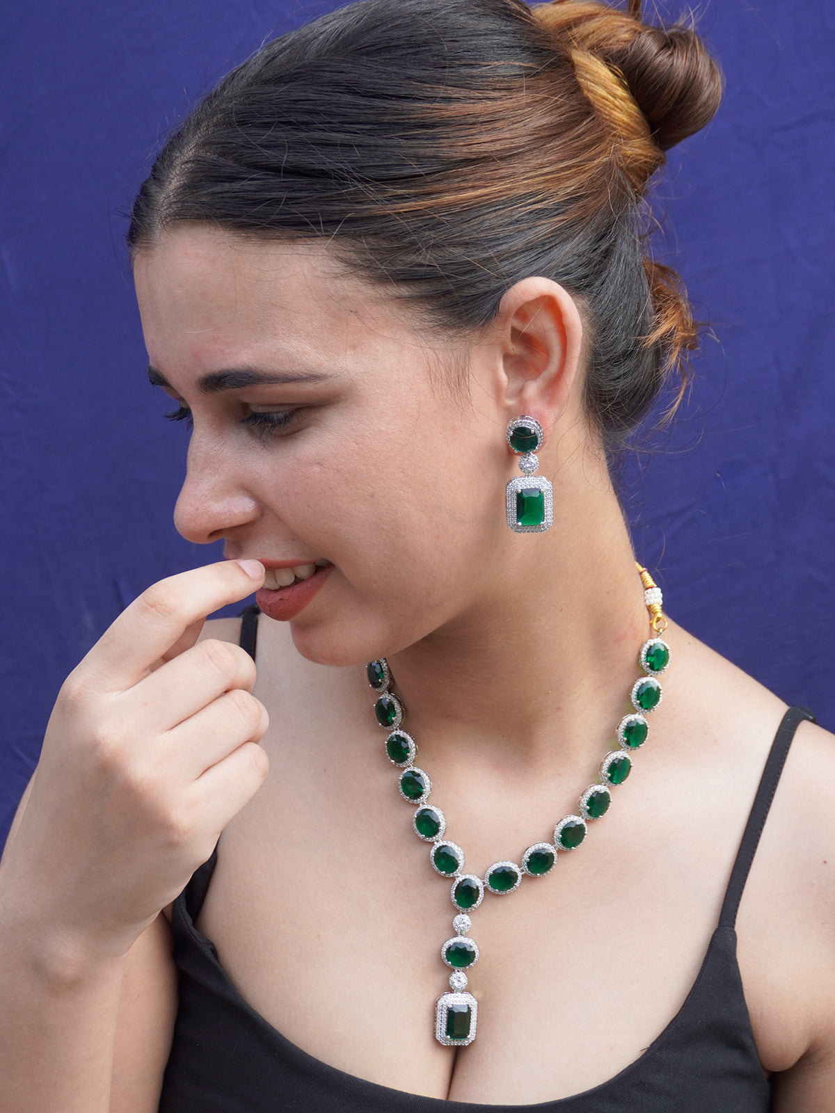 Radiant Emerald & American Diamond Rhodium-Plated Zircon Necklace Set