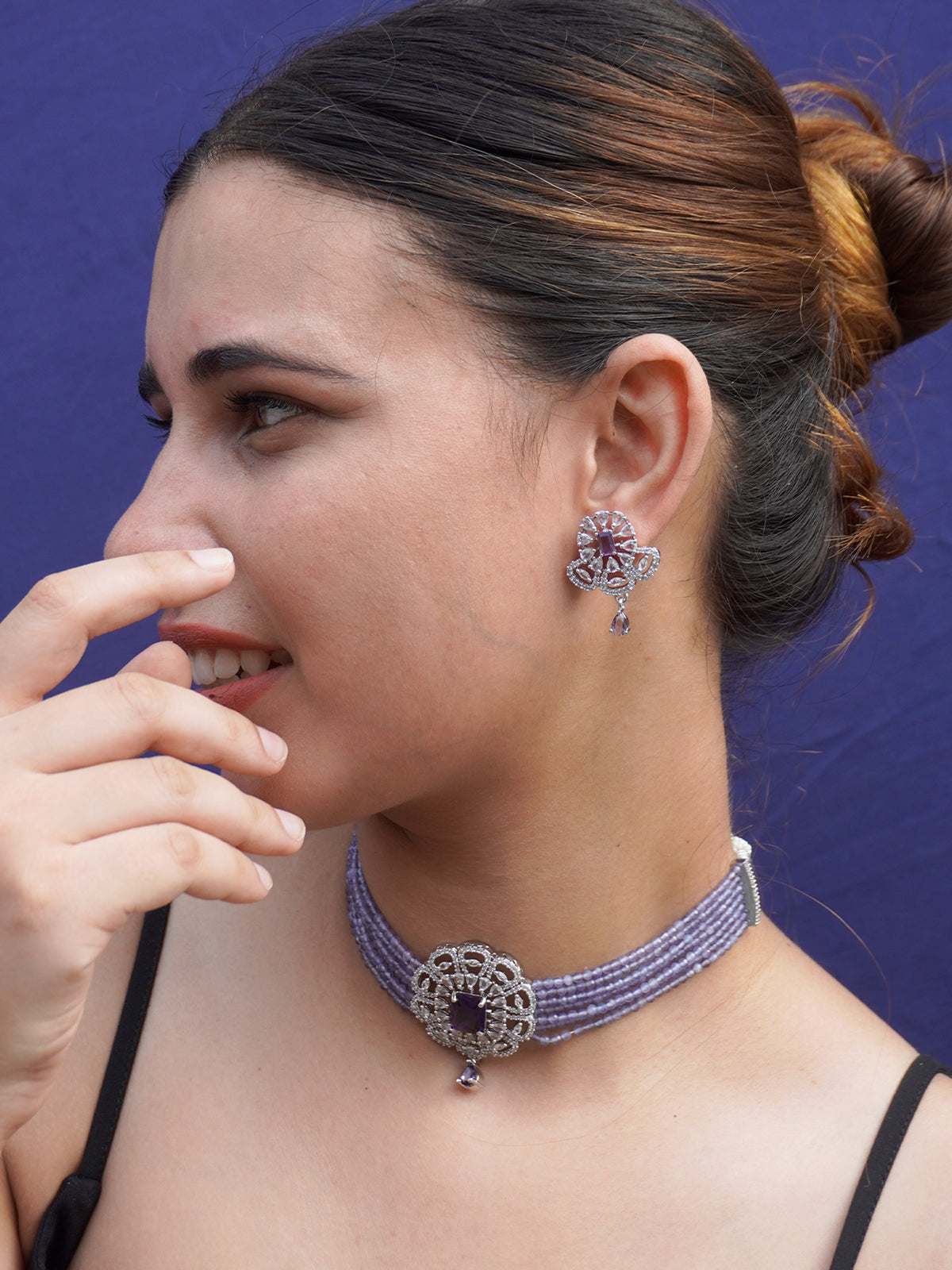 Silver Rhodium Plated Purple Crystal American Diamond Choker Necklace Set