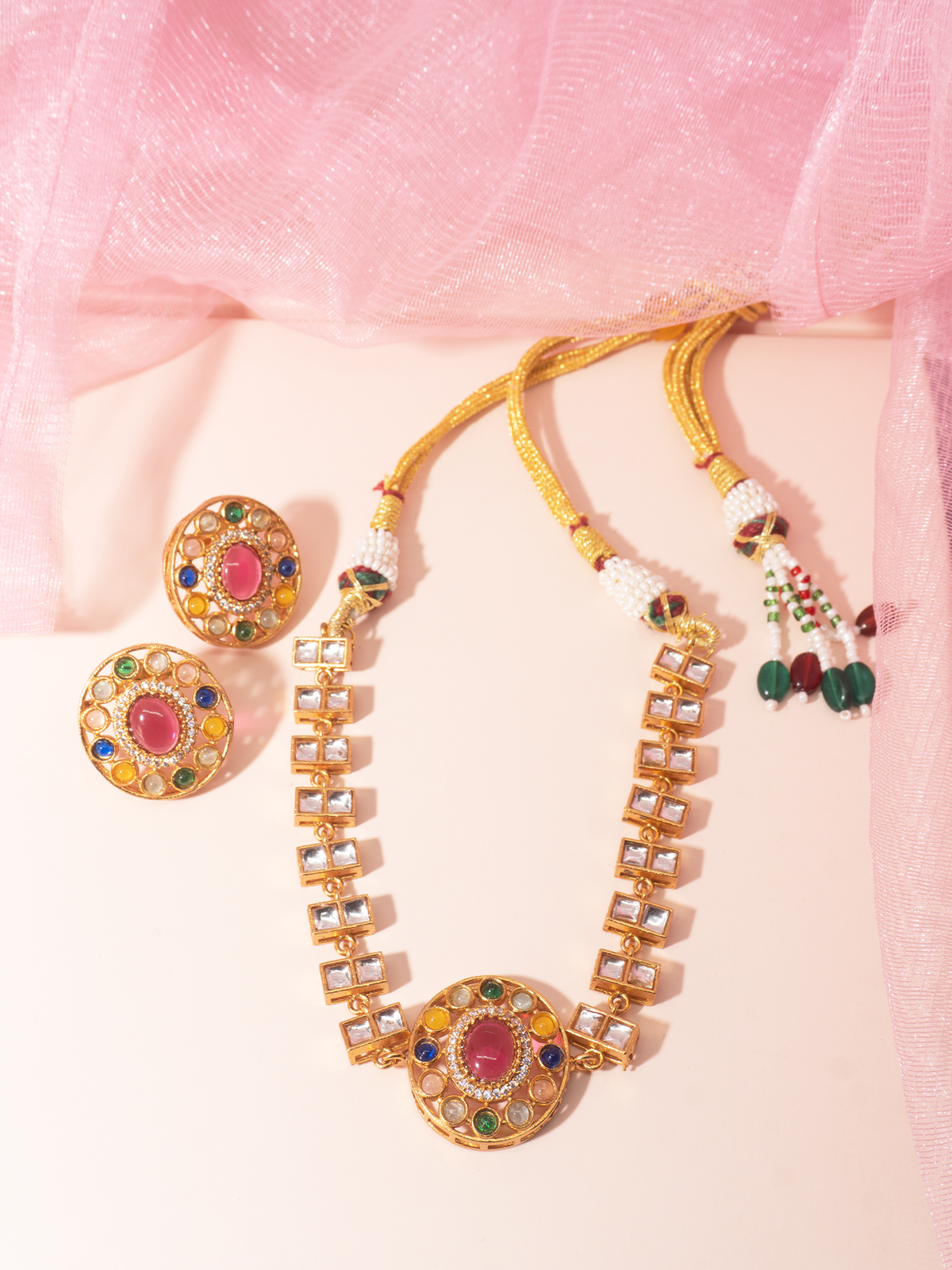 Ethnic 18k Gold Plated Pink Kundan Spherical Jewelry Set