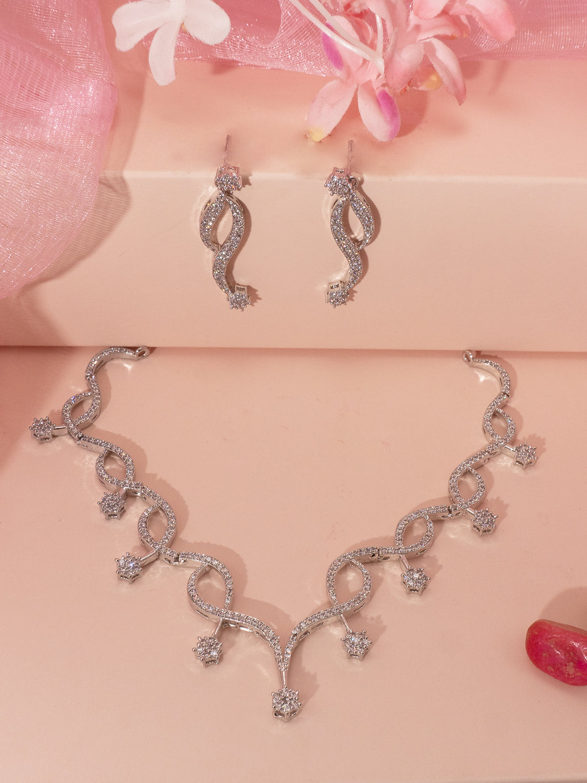Silver Rhodium Plated American Diamond Floral Necklace Set