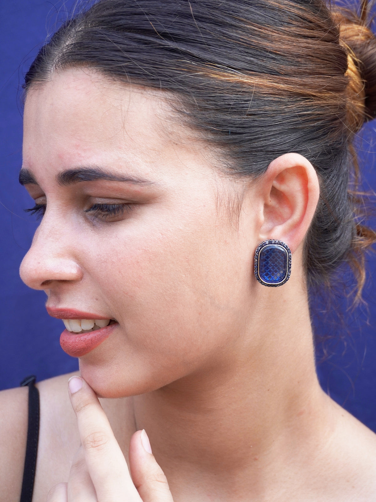 Royal Blue Kundan Oval Earrings with Zircon Accents