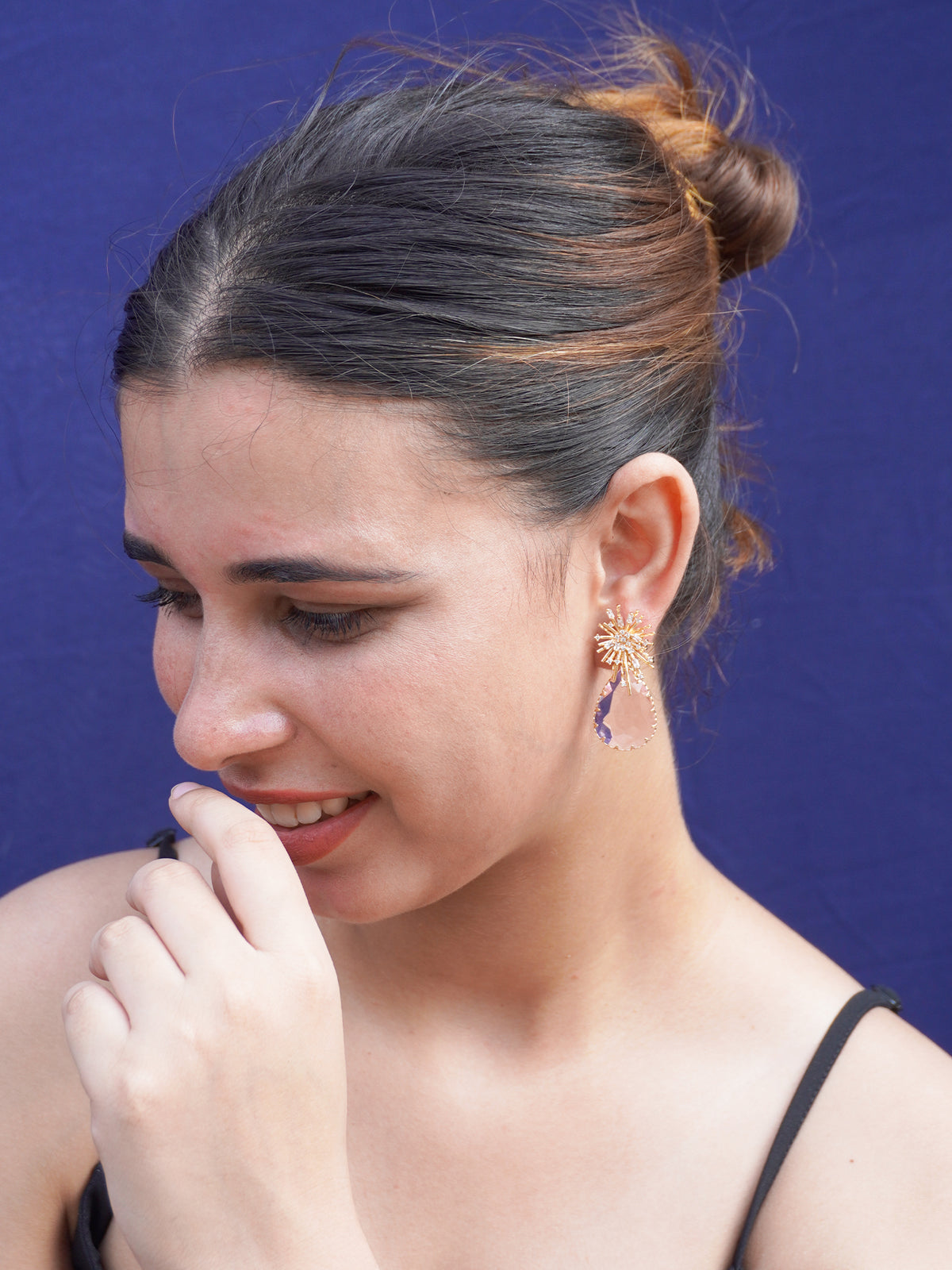 Shiny Gold Rhodium-Polished Pink American Diamond and Zircon Drop Earring