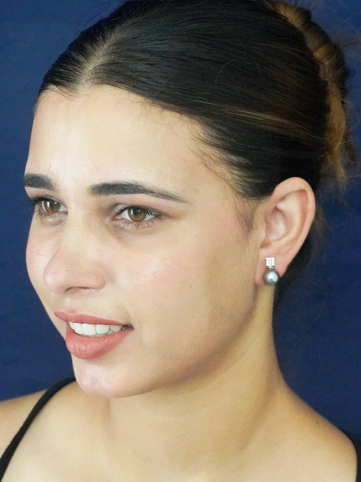 Elegant Grey Faux Pearl and American Diamond Stud Earrings