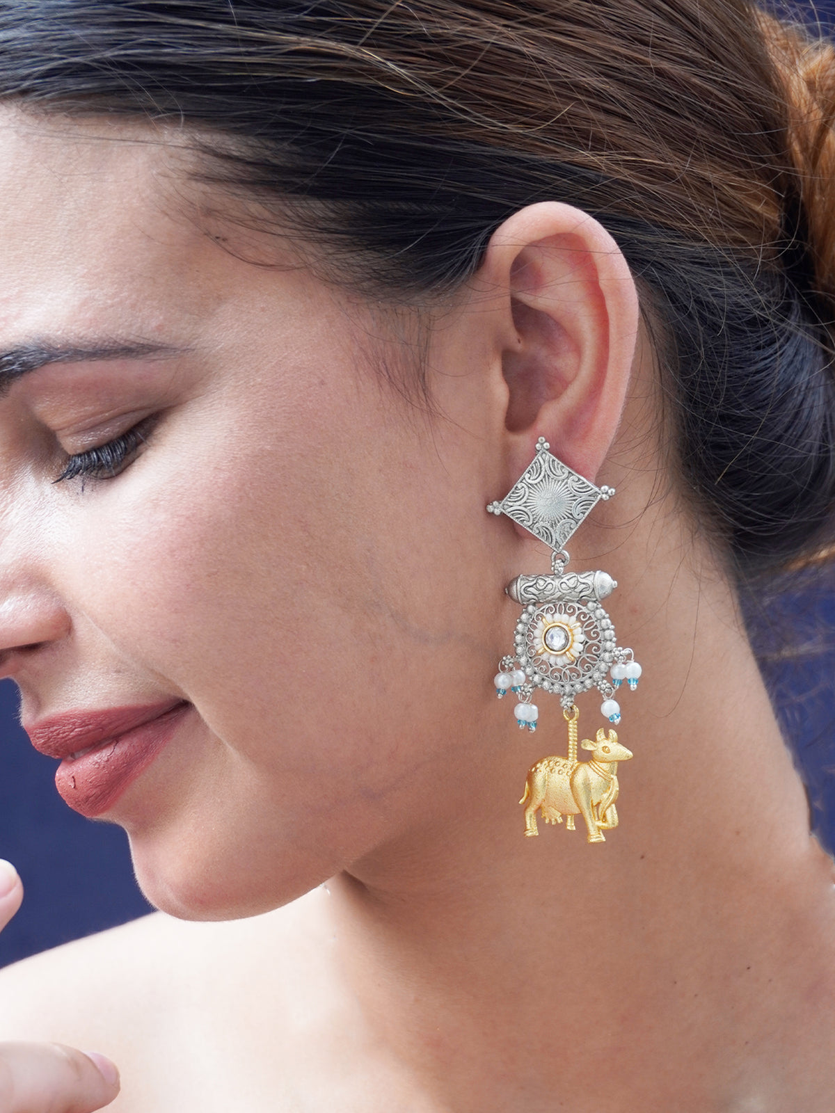 Nandi-Themed Oxidized Gold-Plated Earrings