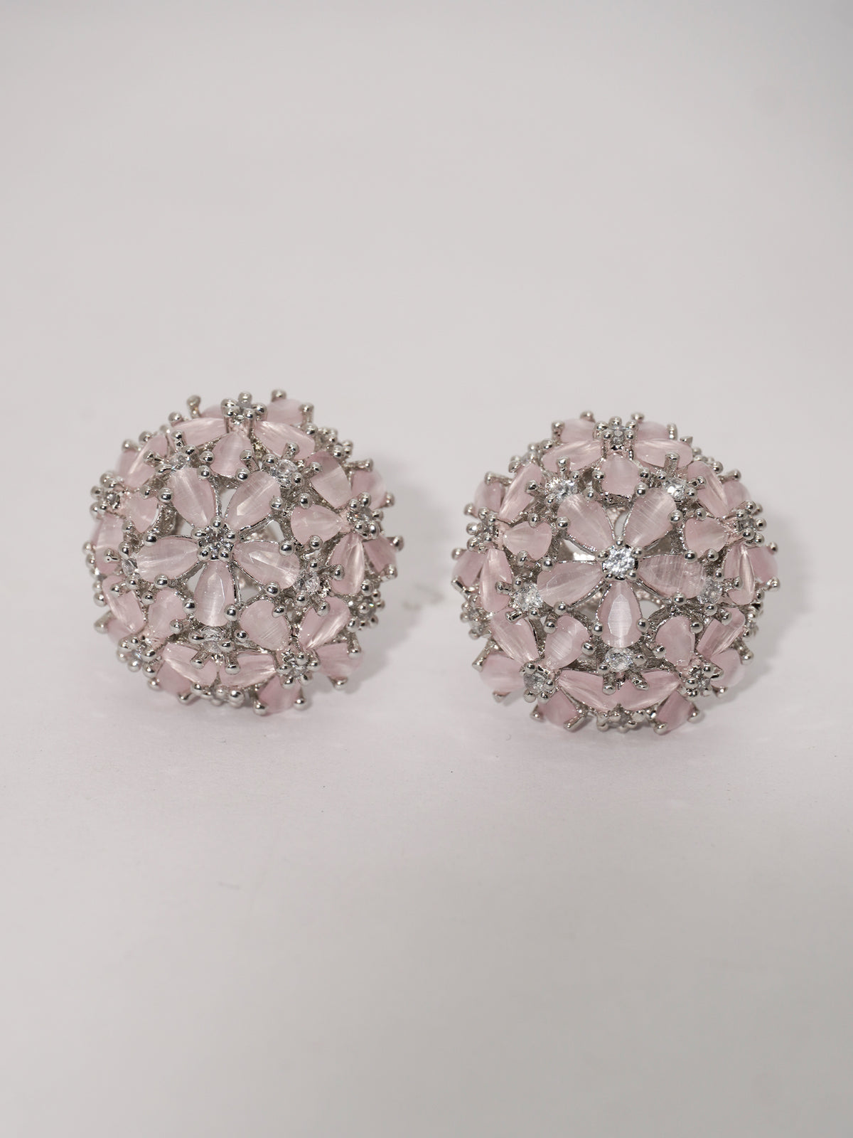 Pastel Pink & American Diamond Floral Design Stud Earring