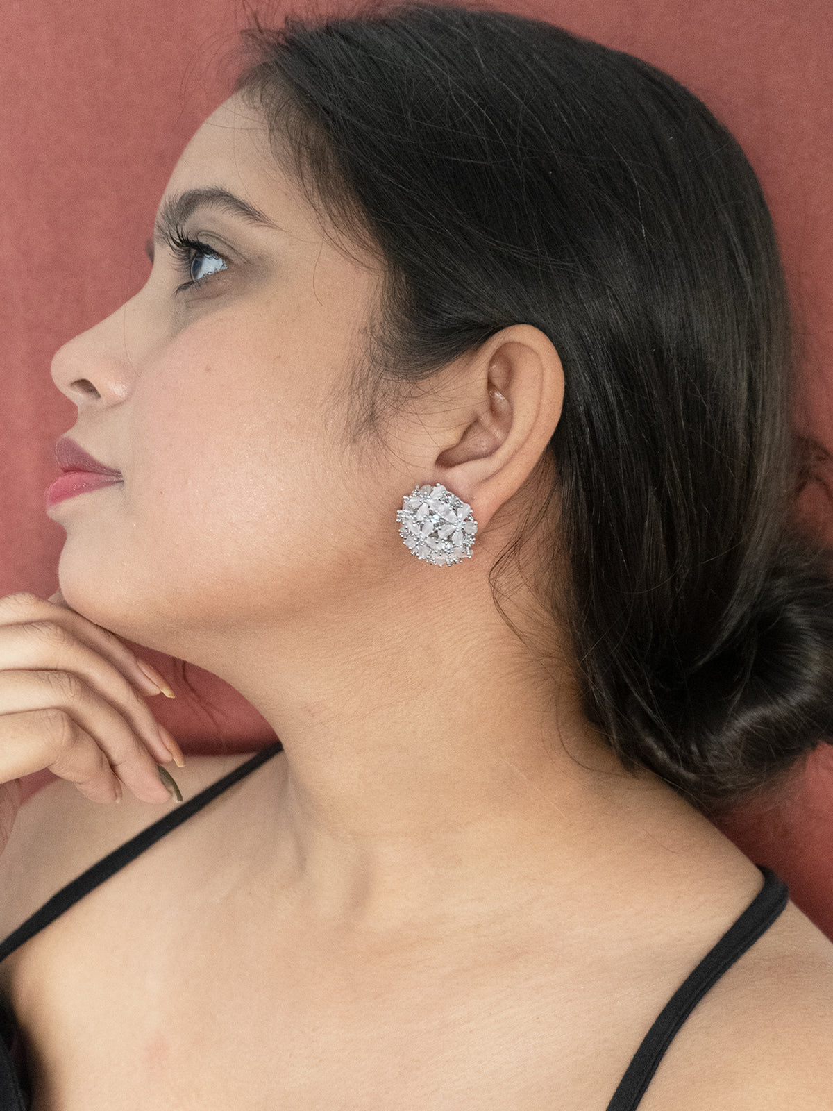 Pastel Pink & American Diamond Floral Design Stud Earring