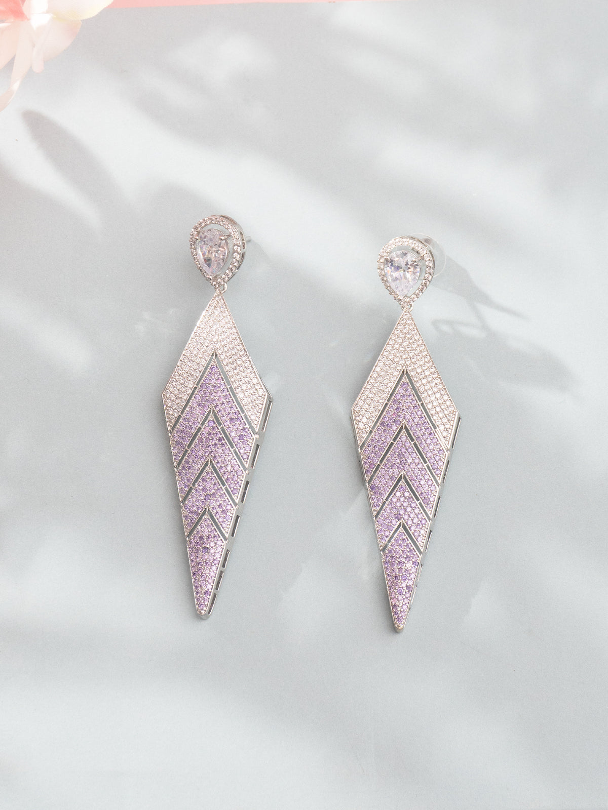 White and Purple Leaf-Shaped Earrings with American Diamonds