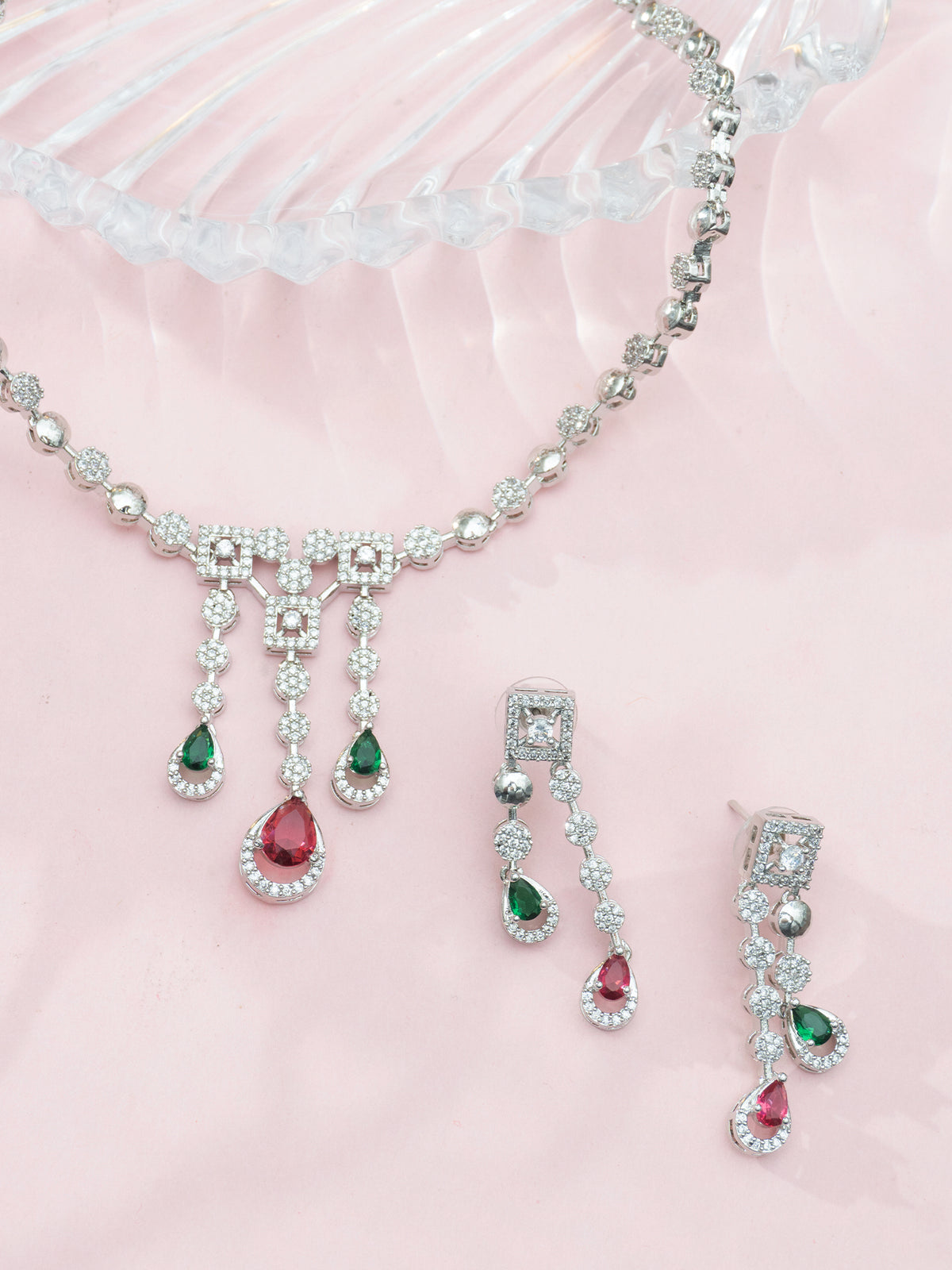 Ruby and Emerald Water-Drop Jewelry Set with American Diamonds