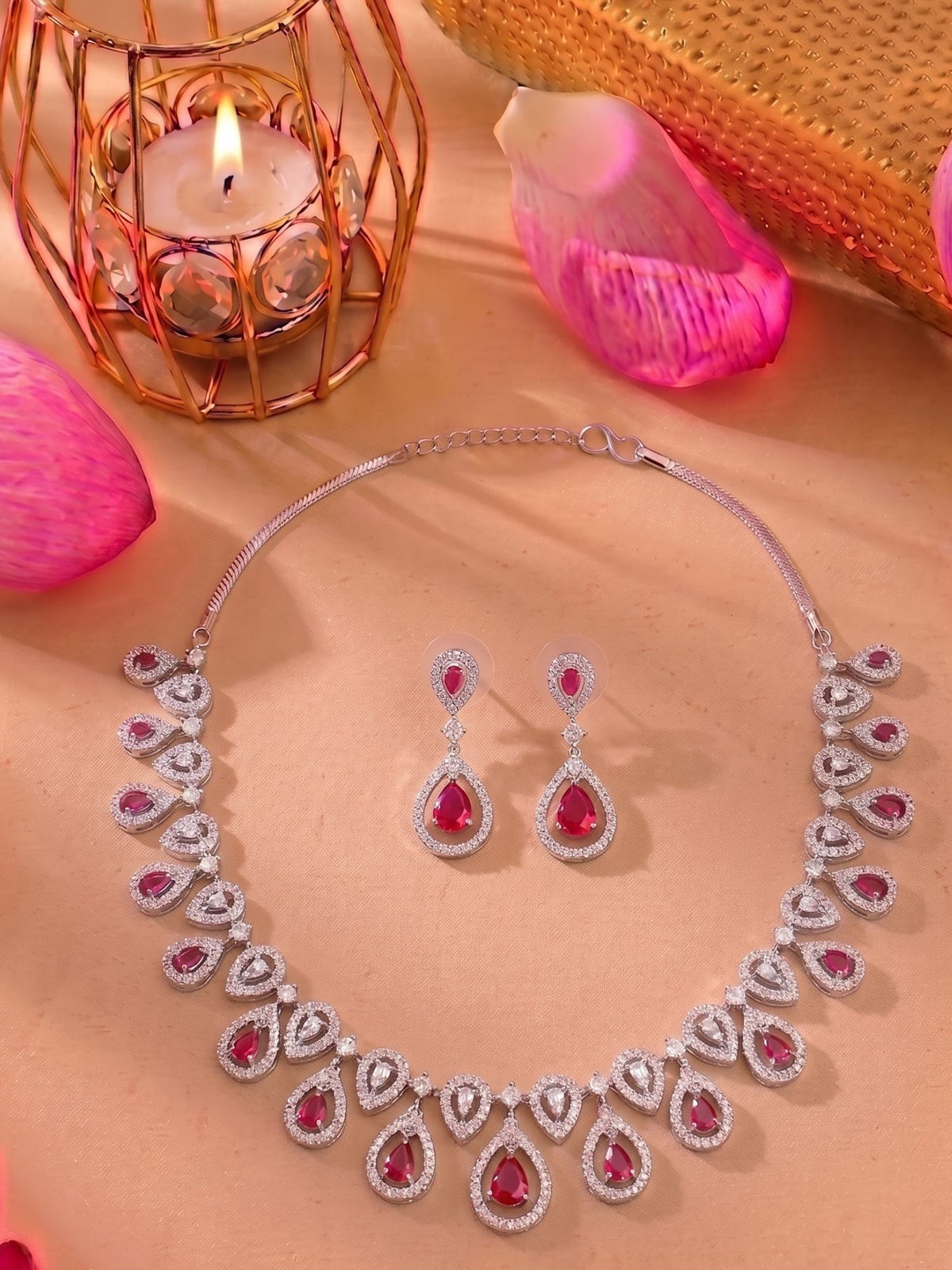 Silver Rhodium Plated Pink and White American Diamond Jewelry Set