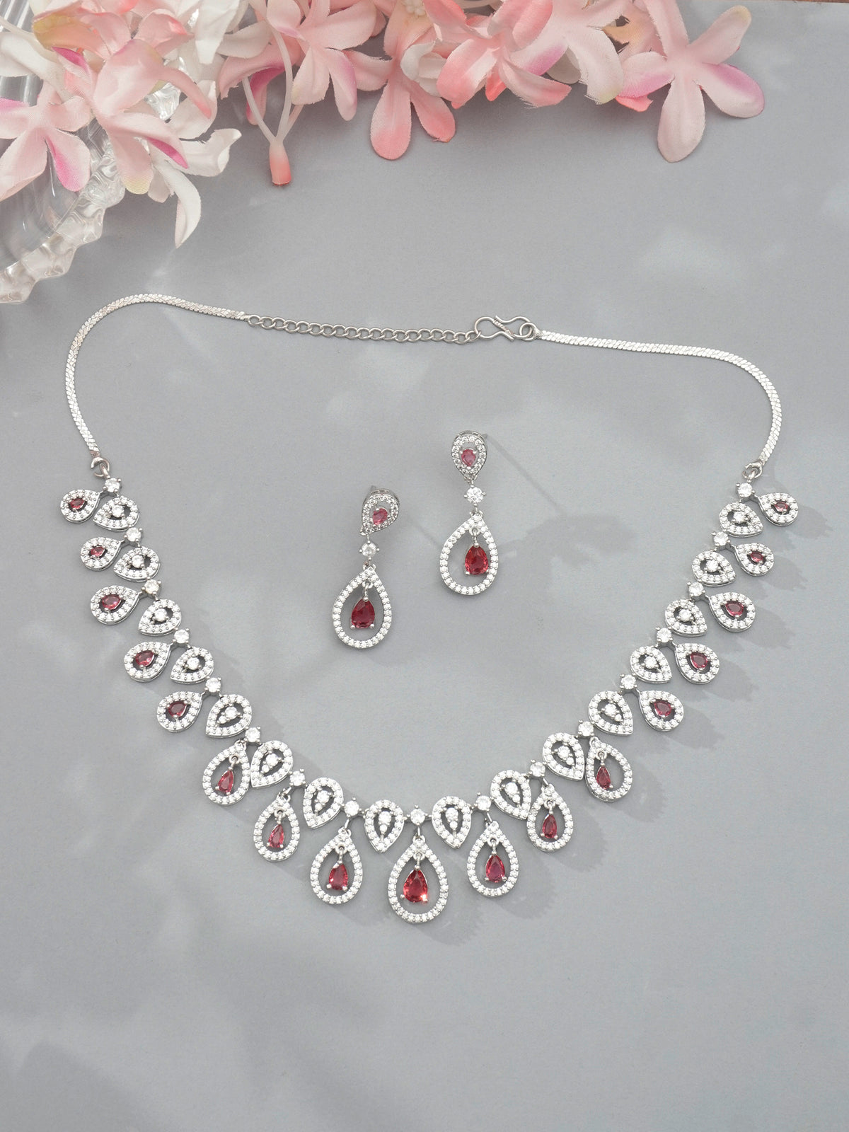 Silver Rhodium Plated Pink and White American Diamond Jewelry Set