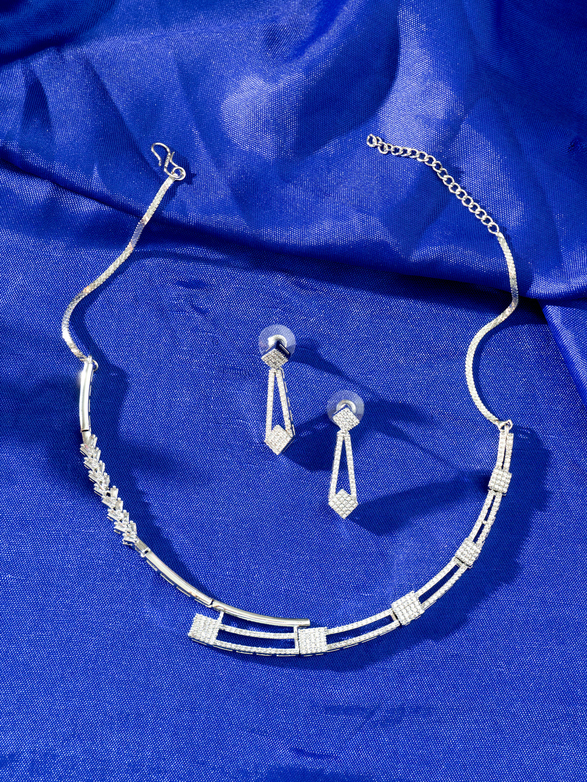 Silver Rhodium Plated White American Diamond Necklace Earring Set