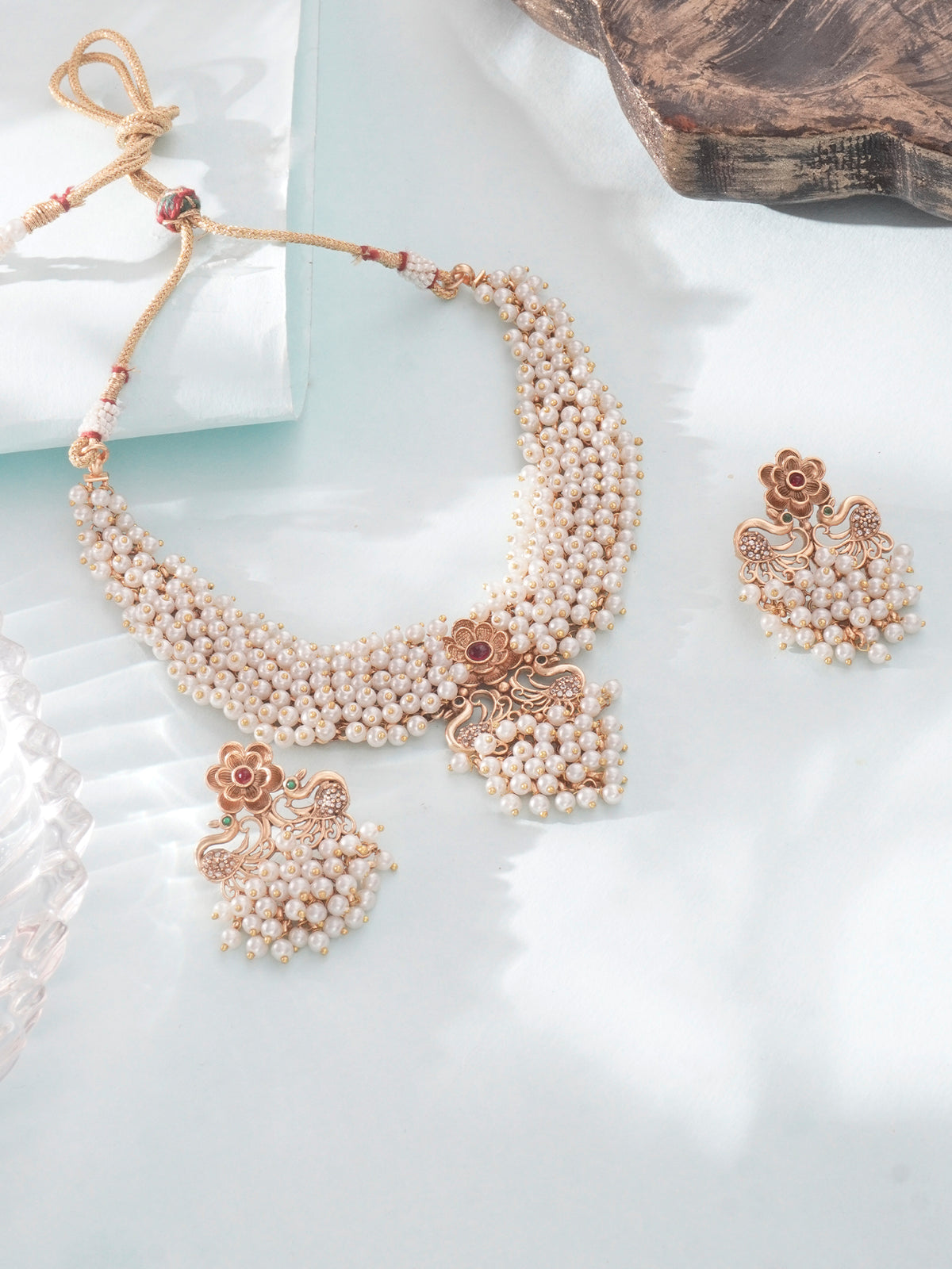 24K Gold-Plated Choker Set with White Pearls and Beads