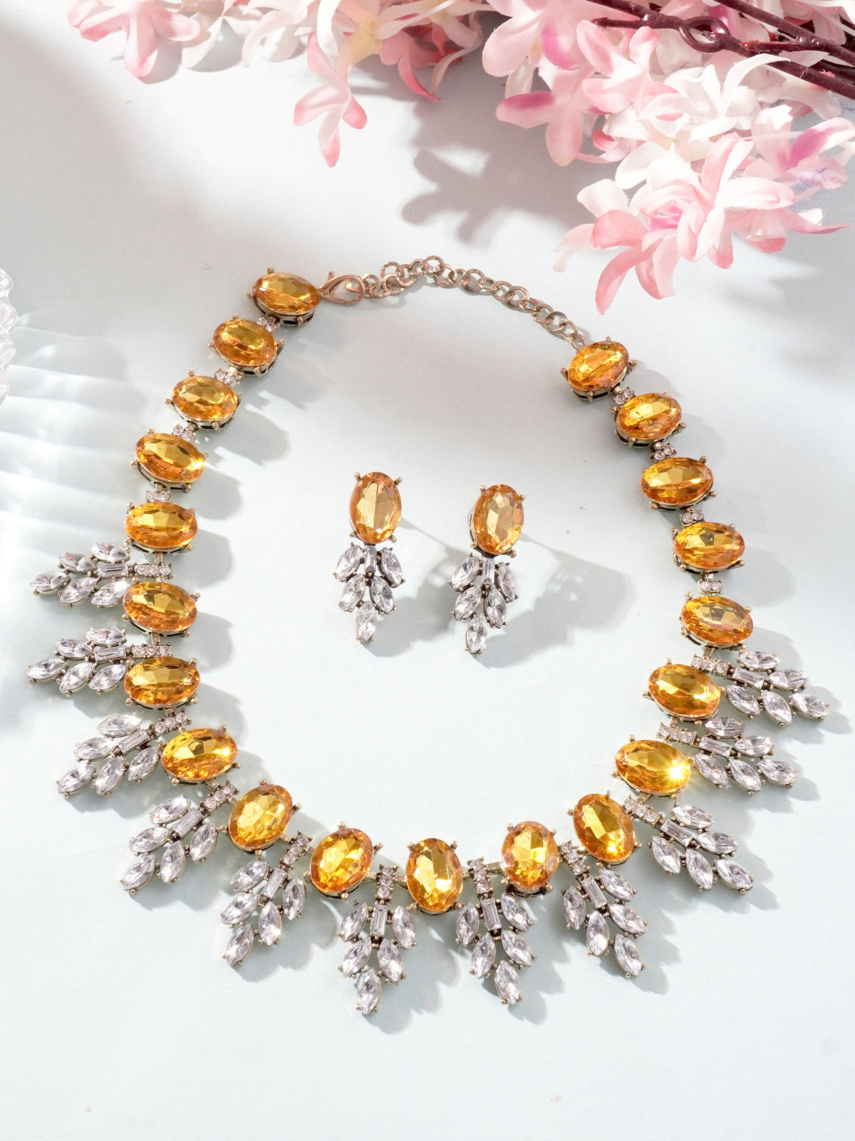 Luxury Yellow and White Leaf Design Jewelry Set with American Diamonds