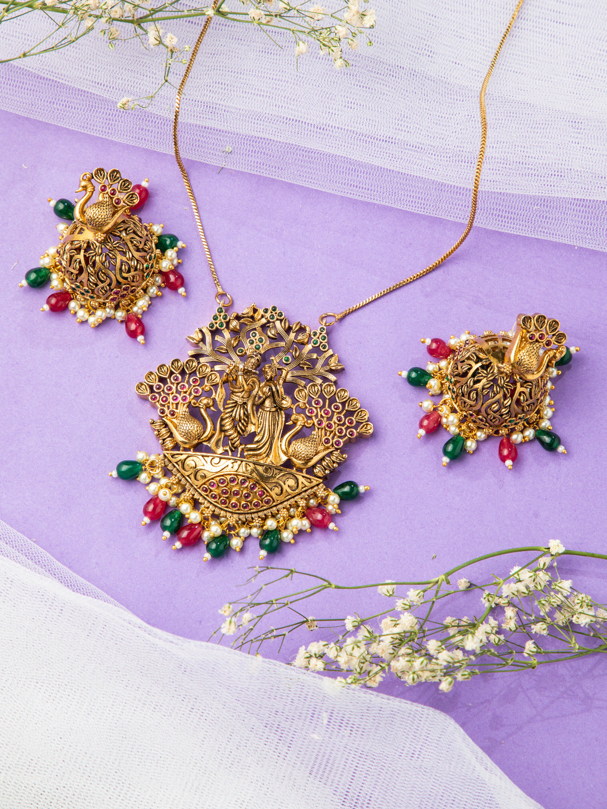 Radha Krishna Peacock Design 24K Gold Plated Necklace Set with Earrings