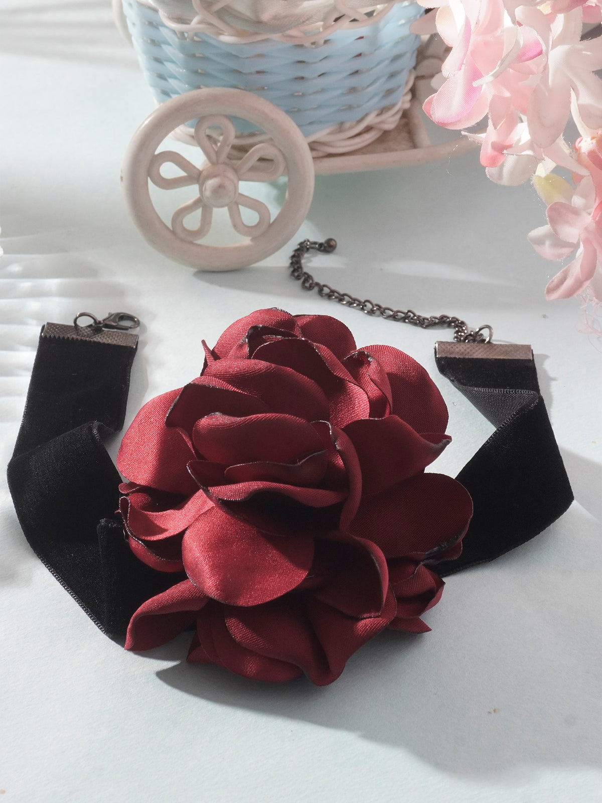 Stretchable Black Band Choker Necklace with Red Rose Design